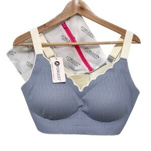 Forlest 4XL+ Wireless Comfort Bra Blue Cream Scalloped Seamless NWT